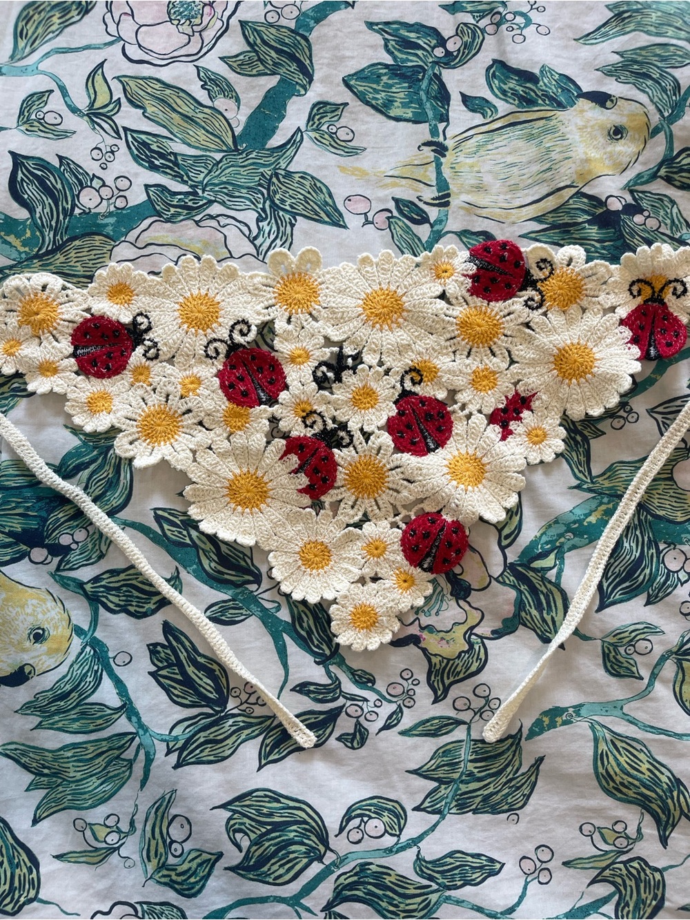 Crochet Daisy & Ladybug Tie-Back Top - Cream, Yellow & Red, hair bandana